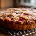 Golden homemade Apple Rhubarb Pie with flaky crust and steaming vents.