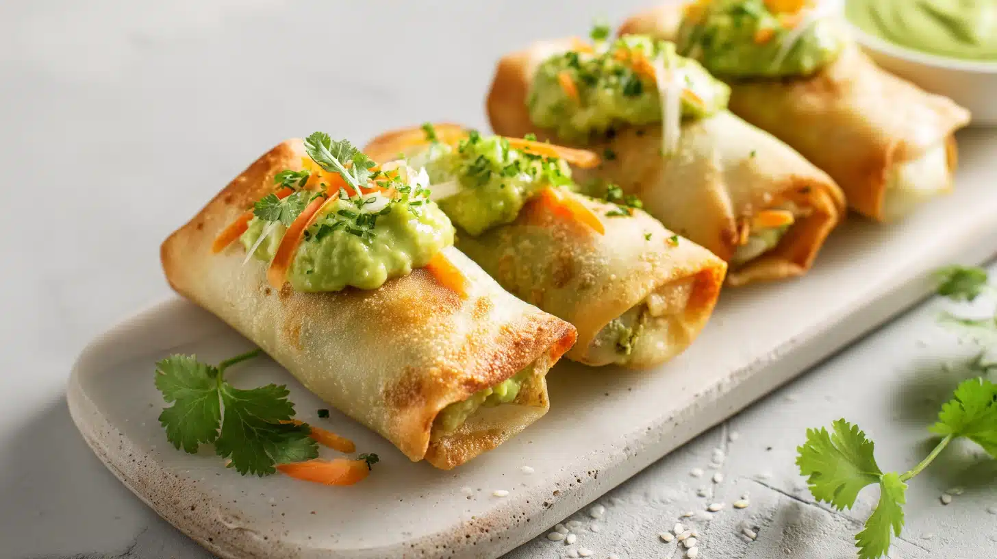 Crispy Avocado Egg Rolls with Warm Spice and Creamy Filling 26 Golden crispy avocado egg rolls with cilantro and dipping sauce.
