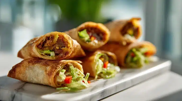 Crispy golden Big Mac egg rolls stacked on a rustic wooden board with dipping sauce