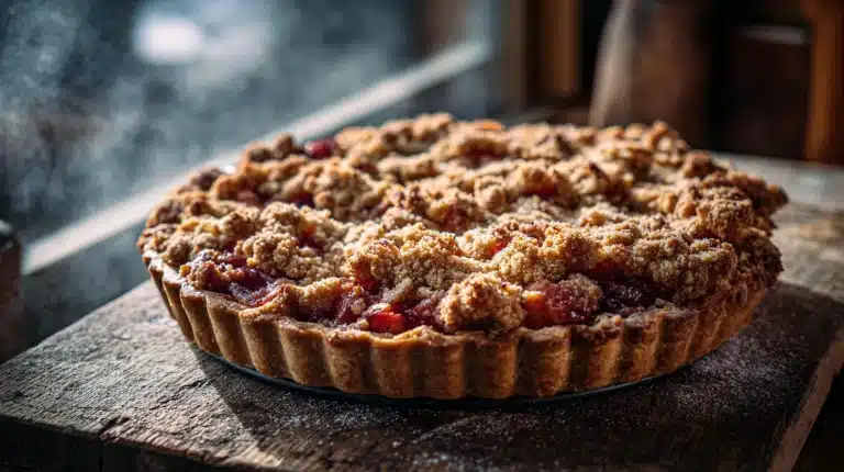 Golden Brown Butter Rhubarb Pie with crispy malted crumble on wood.