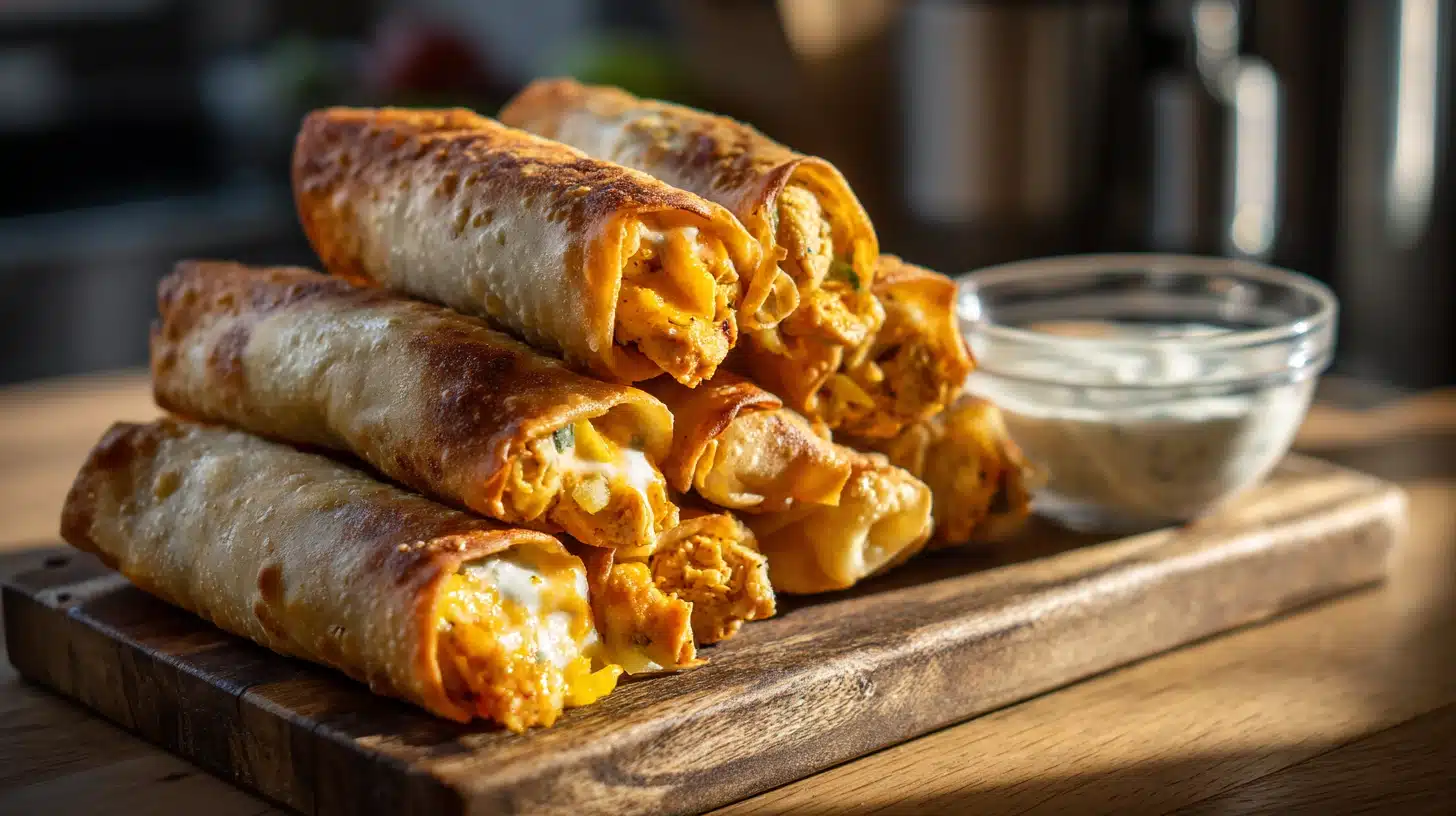 How to Make Crispy Buffalo Chicken Egg Rolls: 3 Cooking Methods 20 Crispy golden Buffalo chicken egg rolls with ranch dipping sauce on wood.