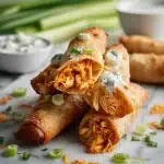 Golden crispy buffalo chicken egg rolls sliced to reveal spicy chicken, melted cheese, and Greek yogurt ranch filling with a side of dip.