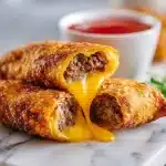 Crispy cheeseburger egg rolls with melted cheese oozing out, arranged on a light marble surface next to a small bowl of tangy dipping sauce.