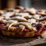 Golden lattice Cherry Rhubarb Pie with bubbling filling on wooden table