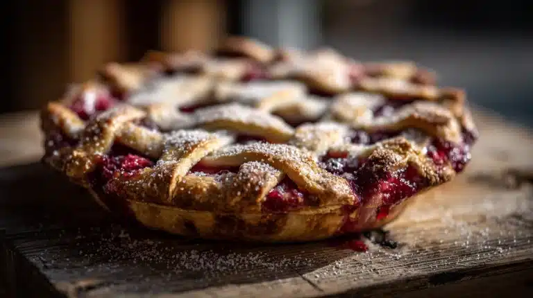 Golden lattice Cherry Rhubarb Pie with bubbling filling on wooden table