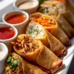 Four crispy chicken egg rolls on a white plate with dipping sauce and herbs, golden crispy exteriors, chicken egg roll ideas.
