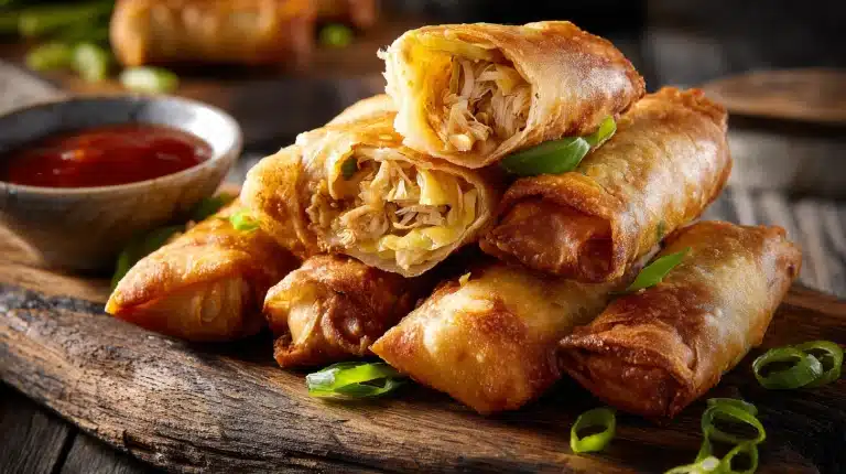 Crispy golden Chicken egg rolls stacked on a rustic wooden board with dipping sauce