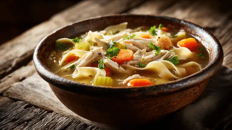 Golden chicken noodle soup in the crock pot with carrots and noodles on a rustic table.