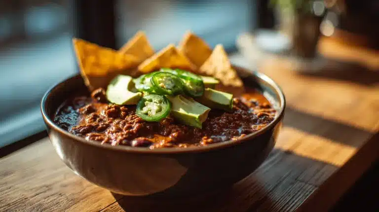 Hearty chili meatless recipe with avocado and tortilla chips