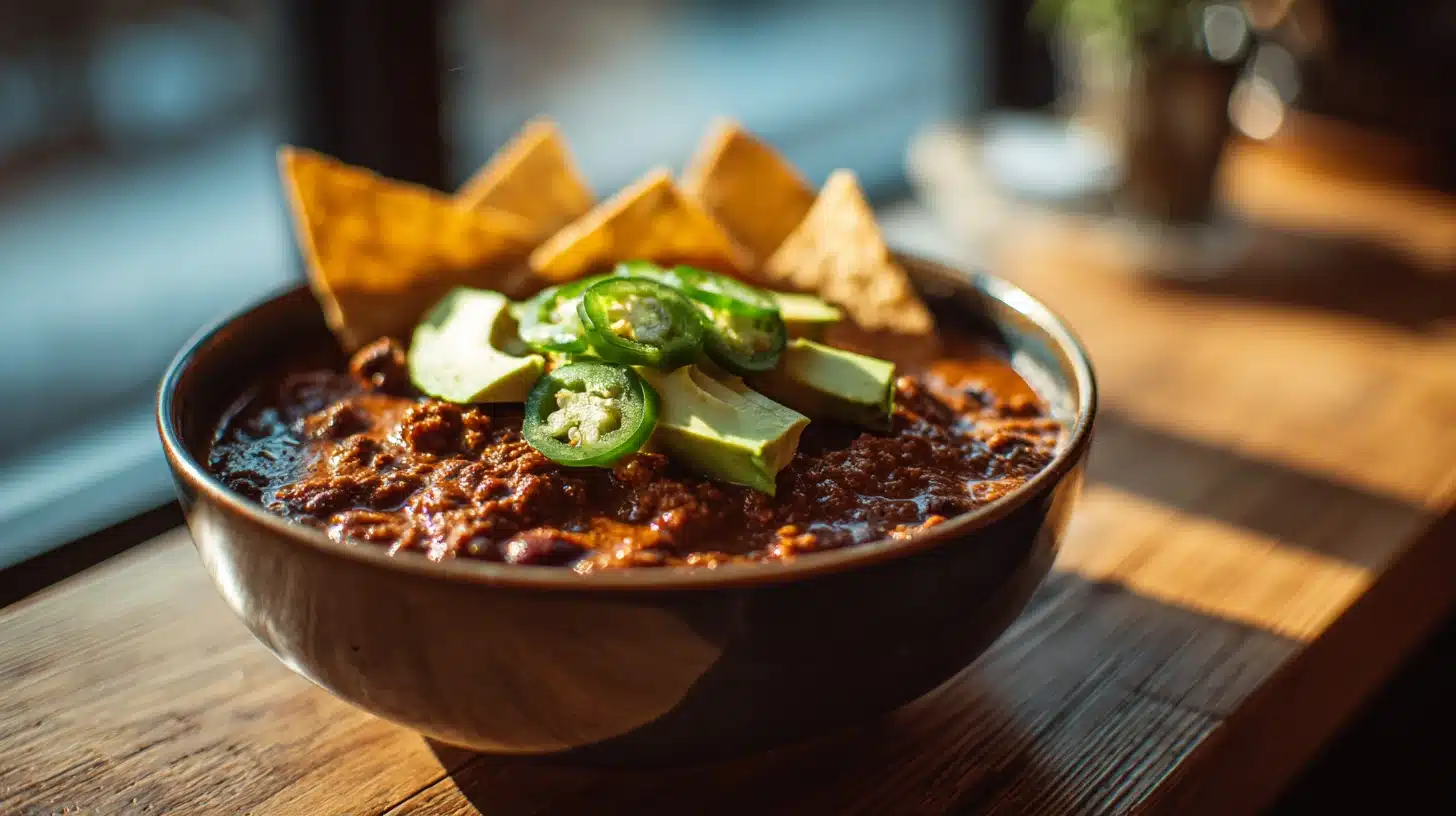 38-Minute Chili Meatless Recipe: Refried Beans Make It Thick & Hearty 30 Hearty chili meatless recipe with avocado and tortilla chips