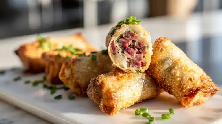 Crispy corned beef egg rolls with thousand island dipping sauce.