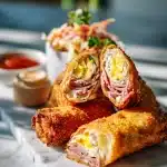 Crispy golden corned beef egg rolls with melted Swiss and fresh coleslaw, one dipped in creamy Thousand Island dressing on a white plate.