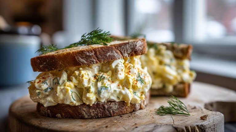 Creamy Cottage Cheese Egg Salad Sandwich on toasted sourdough with dill.
