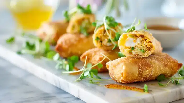 Golden-brown crab cake egg rolls cut open on a wooden board.