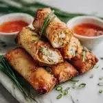 Golden-brown crab rangoon egg rolls with creamy spiced crab filling, garnished with scallions, and sweet chili dipping sauce.