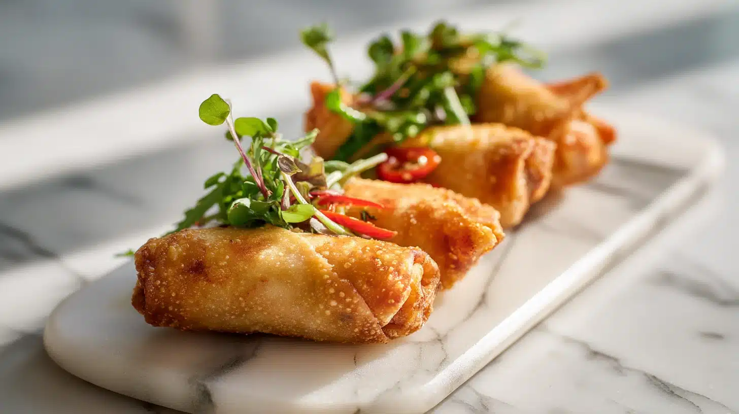 Crawfish Egg Rolls at Home: Crispy, Golden, Packed with Louisiana Flavor 24 Golden crawfish egg rolls with Cajun remoulade on a wooden board.