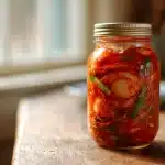 Vibrant easy homemade kimchi recipe packed in a jar with glossy red paste.