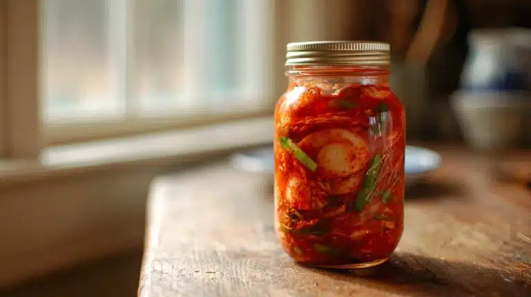 Vibrant easy homemade kimchi recipe packed in a jar with glossy red paste.