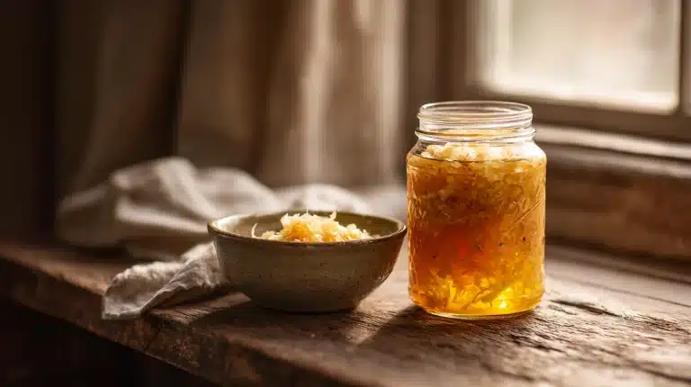 Easy homemade sauerkraut recipe in a jar on rustic wood