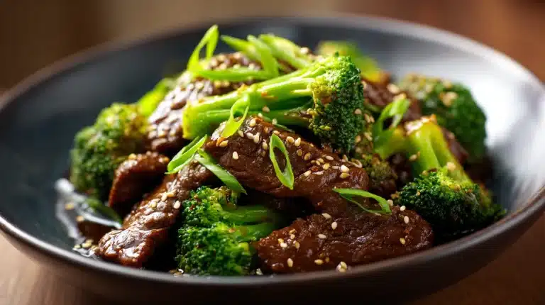 Homemade easy recipe for beef broccoli with toasted sesame seeds on a dark plate.