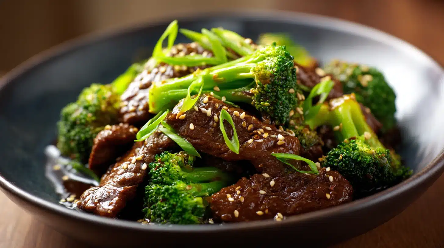 Easy Recipe for Beef Broccoli: Better Than Takeout in 23 Minutes 24 Homemade easy recipe for beef broccoli with toasted sesame seeds on a dark plate.