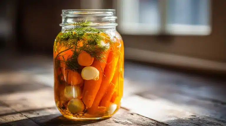 Tangy fermented carrots recipe in a mason jar with garlic and dill.