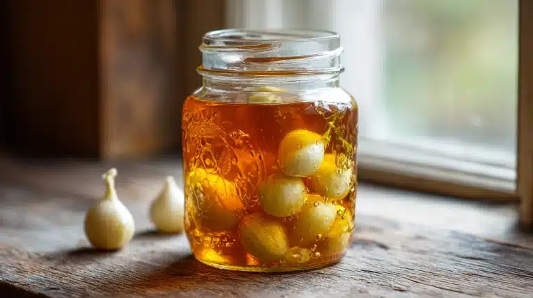 Golden fermented honey garlic recipe jar on wood
