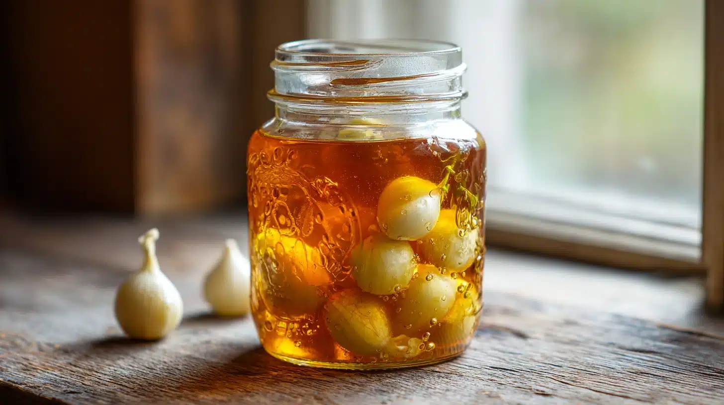 Fermented Honey Garlic Recipe: The 2-Ingredient Probiotic Powerhouse for Your Kitchen 11 Golden fermented honey garlic recipe jar on wood