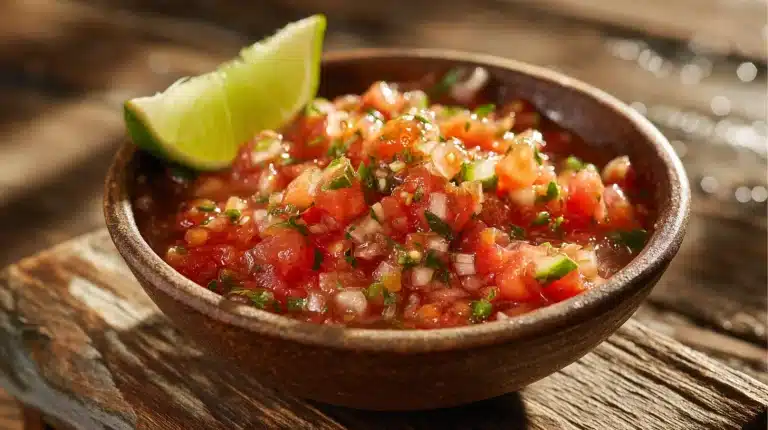 Fermented salsa recipe in a rustic bowl with tomatoes and cilantro.