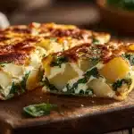 Golden slice of frattata recipe with cottage cheese showing spinach and potato