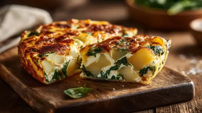 Golden slice of frattata recipe with cottage cheese showing spinach and potato