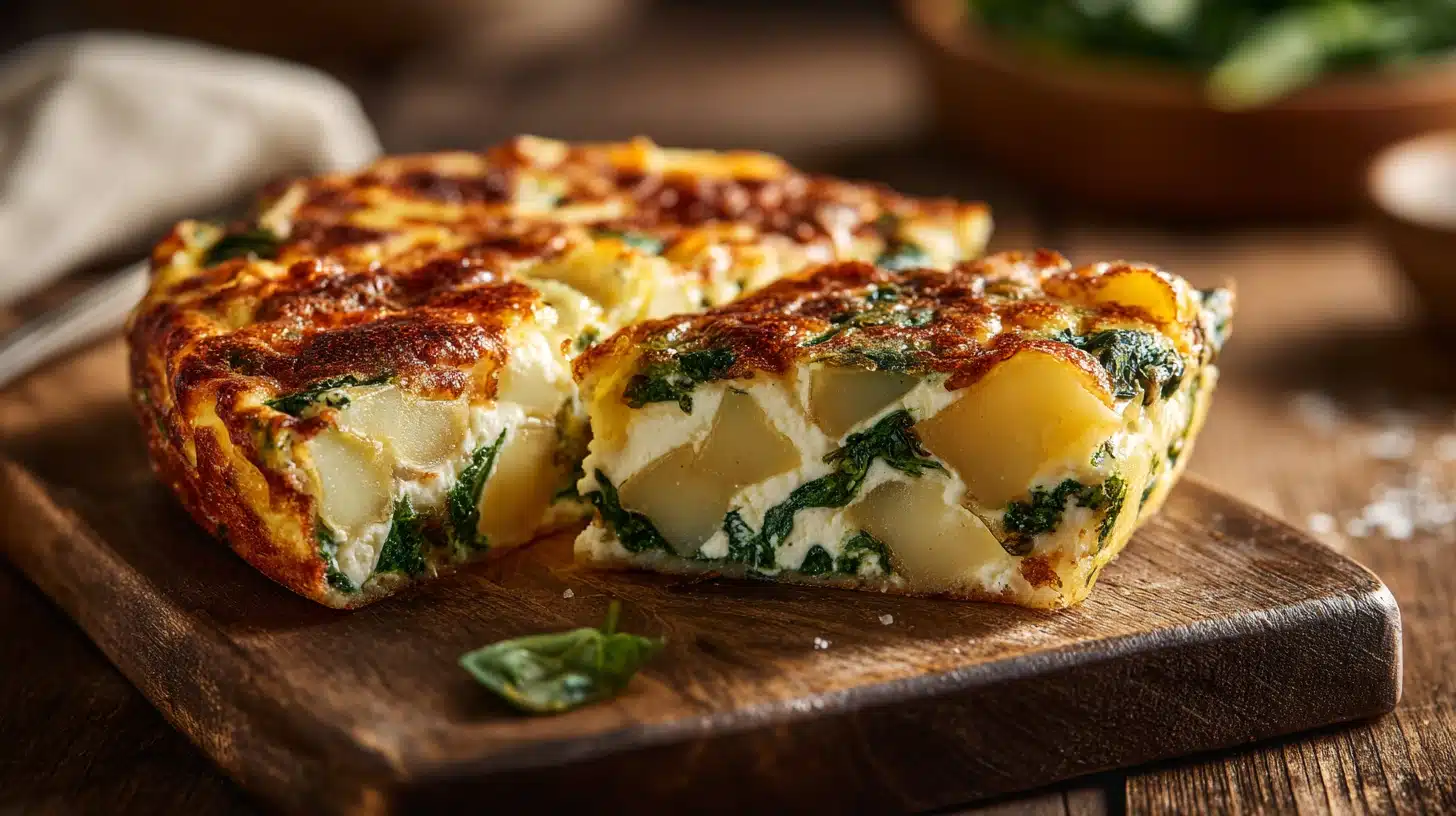 Cottage Cheese Frittata: 35-Minute Easy Frattata Recipe with Cottage Cheese 22 Golden slice of frattata recipe with cottage cheese showing spinach and potato