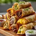 Crispy golden game day egg rolls with Philly cheesesteak, Big Mac, taco fillings, vibrant dipping sauces, and fresh herbs on white stone.