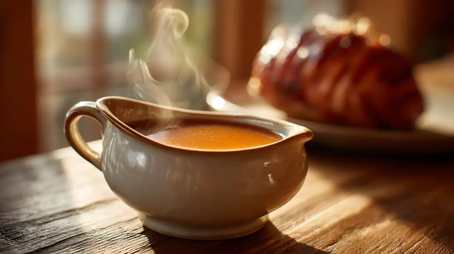 15-Minute Gravy Ham Recipe: Easy Pan Drippings Gravy Like Sunday Dinner 15 Homemade gravy ham recipe in white boat on rustic table.