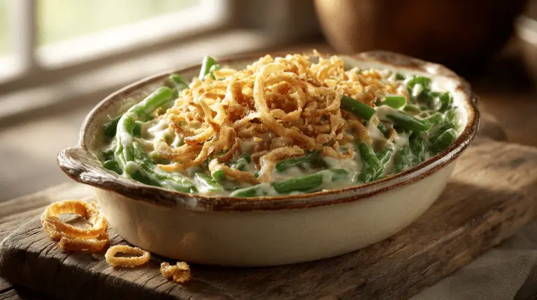Homemade green bean casserole with crispy fried onions in a baking dish.