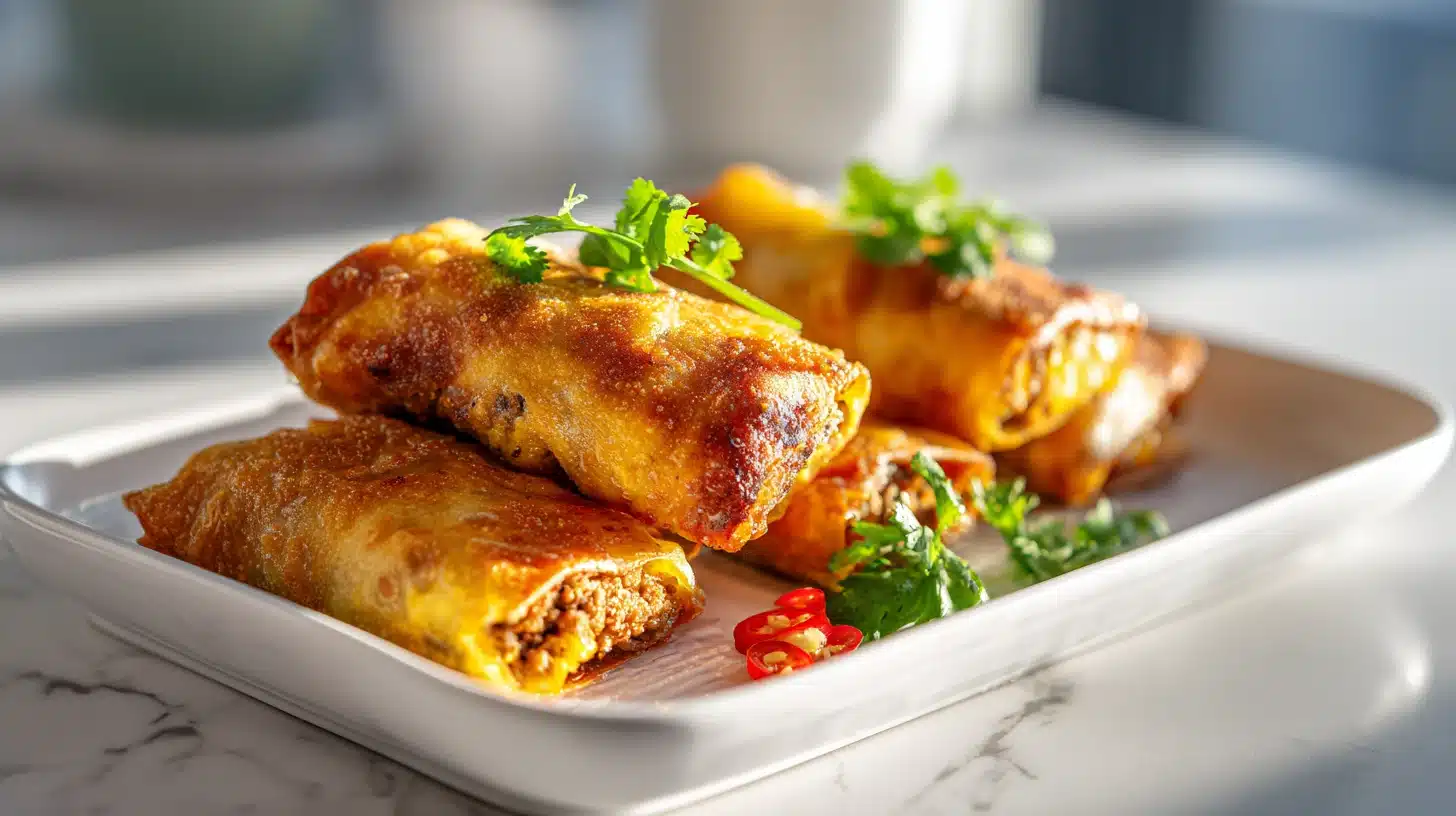 Ground Beef Egg Rolls That Are Shatteringly Crispy Every Single Time 27 Ground beef egg rolls golden and crispy on a rustic wooden board with dipping sauce