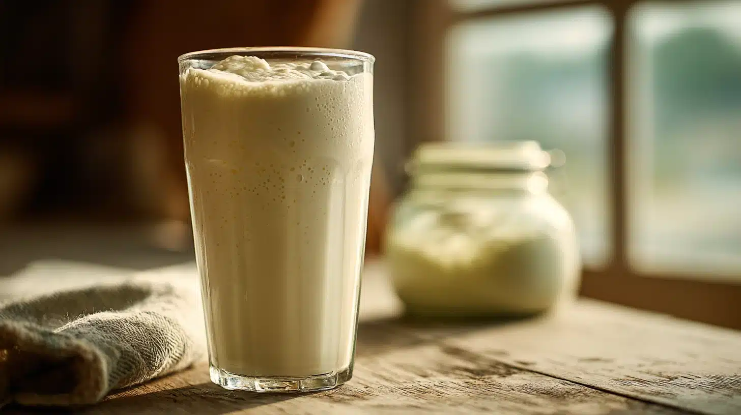 How to Make Kefir at Home: The 2-Ingredient Beginner's Guide to Raw Milk Probiotic Bliss 11 Creamy homemade kefir in a glass on a wooden table.