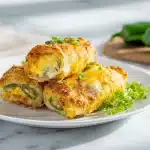 Crispy jalapeño popper egg rolls on a slate board with ranch dipping sauce.