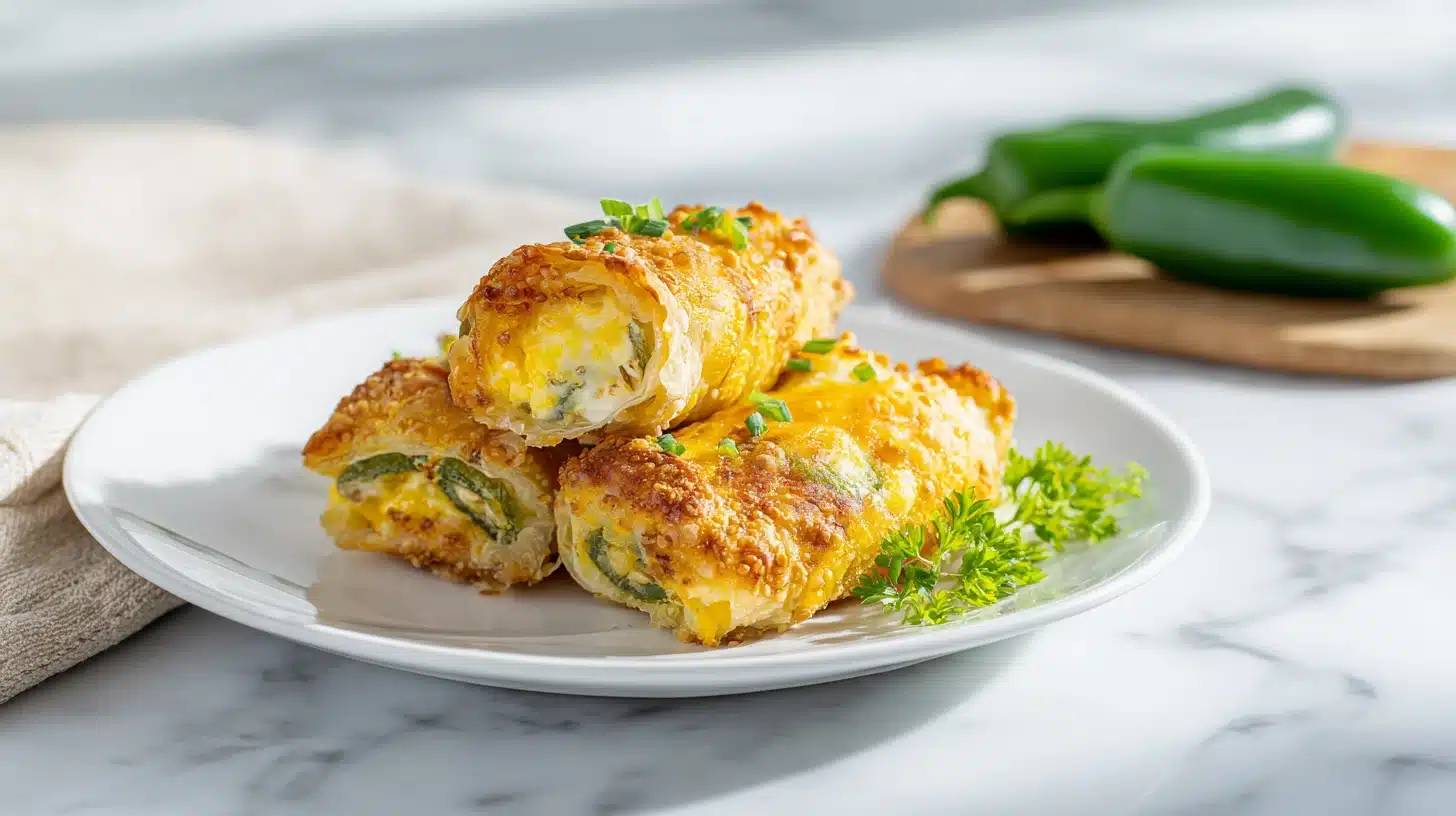 Jalapeño Popper Egg Rolls (Fried, Air Fryer, or Baked) with Creamy, Spicy Filling 17 Crispy jalapeño popper egg rolls on a slate board with ranch dipping sauce.
