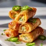 Diagonally sliced jalapeño popper egg rolls showing creamy bacon cheese filling, garnished with jalapeño slices on a plate.