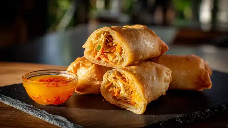 Crispy jerk chicken egg rolls with mango dipping sauce on slate board
