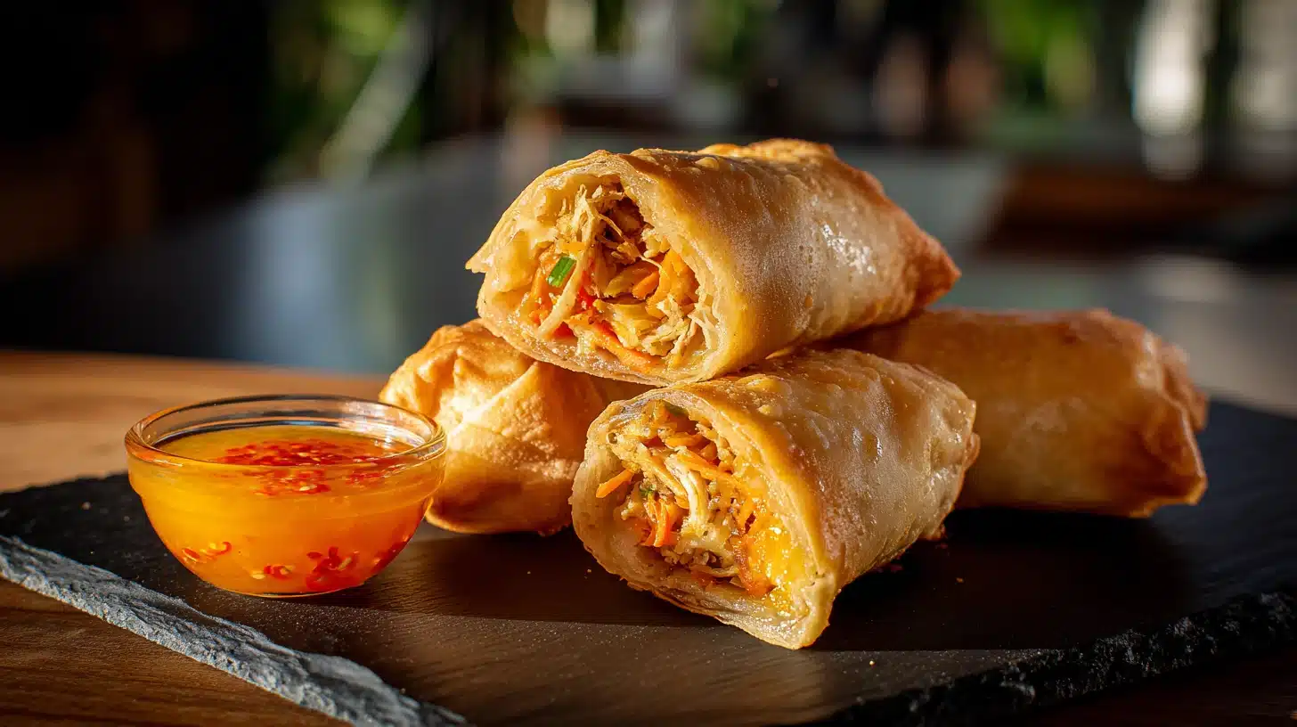 Crispy Jerk Chicken Egg Rolls with Sweet Mango Dipping Sauce (5 Secrets Inside) 26 Crispy jerk chicken egg rolls with mango dipping sauce on slate board