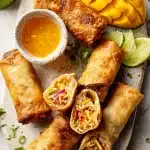 Halved crispy jerk chicken egg rolls with spicy filling on marble, next to bowl of mango dipping sauce, mango cubes and lime wedges.