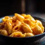 Creamy macaroni cheese recipe sauce coating pasta shells in a rustic bowl.