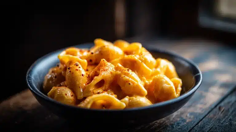 Creamy macaroni cheese recipe sauce coating pasta shells in a rustic bowl.