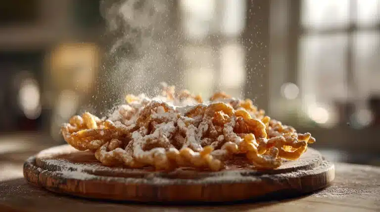 Golden homemade funnel cake dusted with powdered sugar