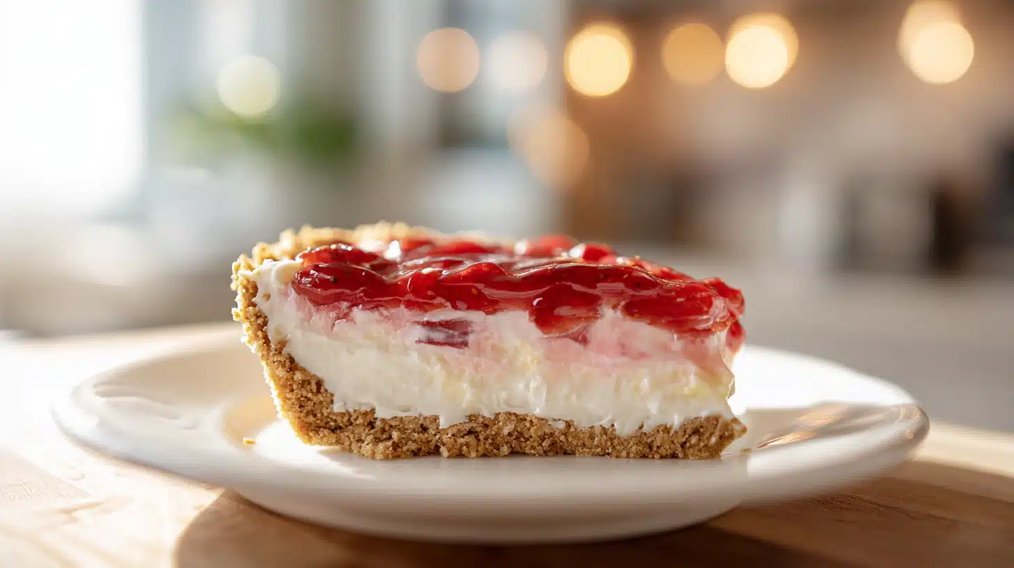 No-Bake Rhubarb Cream Pie with Cream Cheese and Key Lime 23 No-Bake Rhubarb Cream Pie slice with strawberry rhubarb topping on white plate.