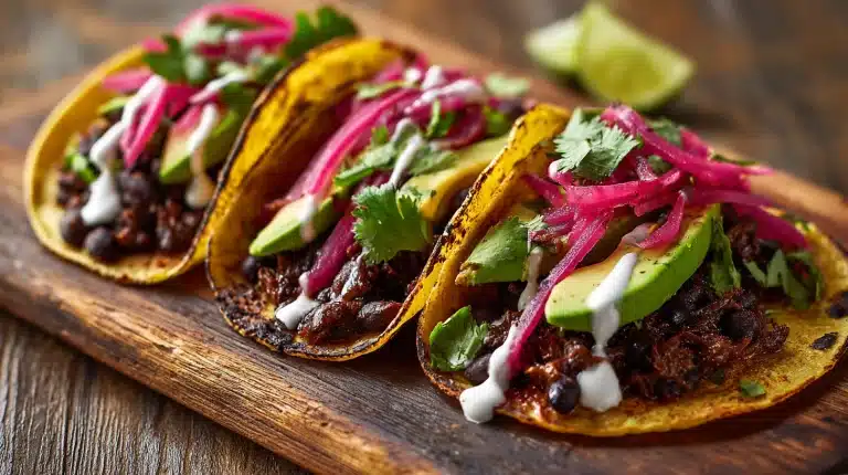 One-Pot Black Bean Tacos with avocado, pickled onions, and cilantro on a rustic board