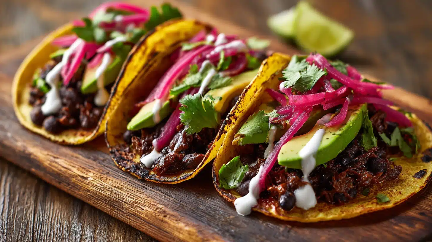One-Pot Black Bean Tacos: Bold, Crispy, and Done in 30 Minutes 29 One-Pot Black Bean Tacos with avocado, pickled onions, and cilantro on a rustic board