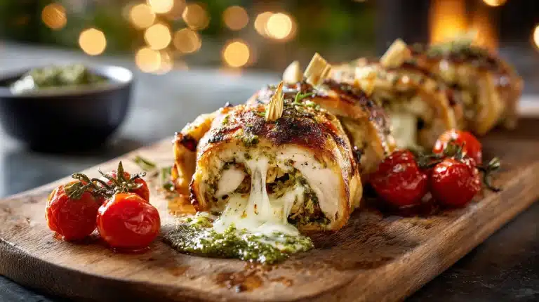 Golden pesto chicken rolls oozing mozzarella with toothpicks and cherry tomatoes.